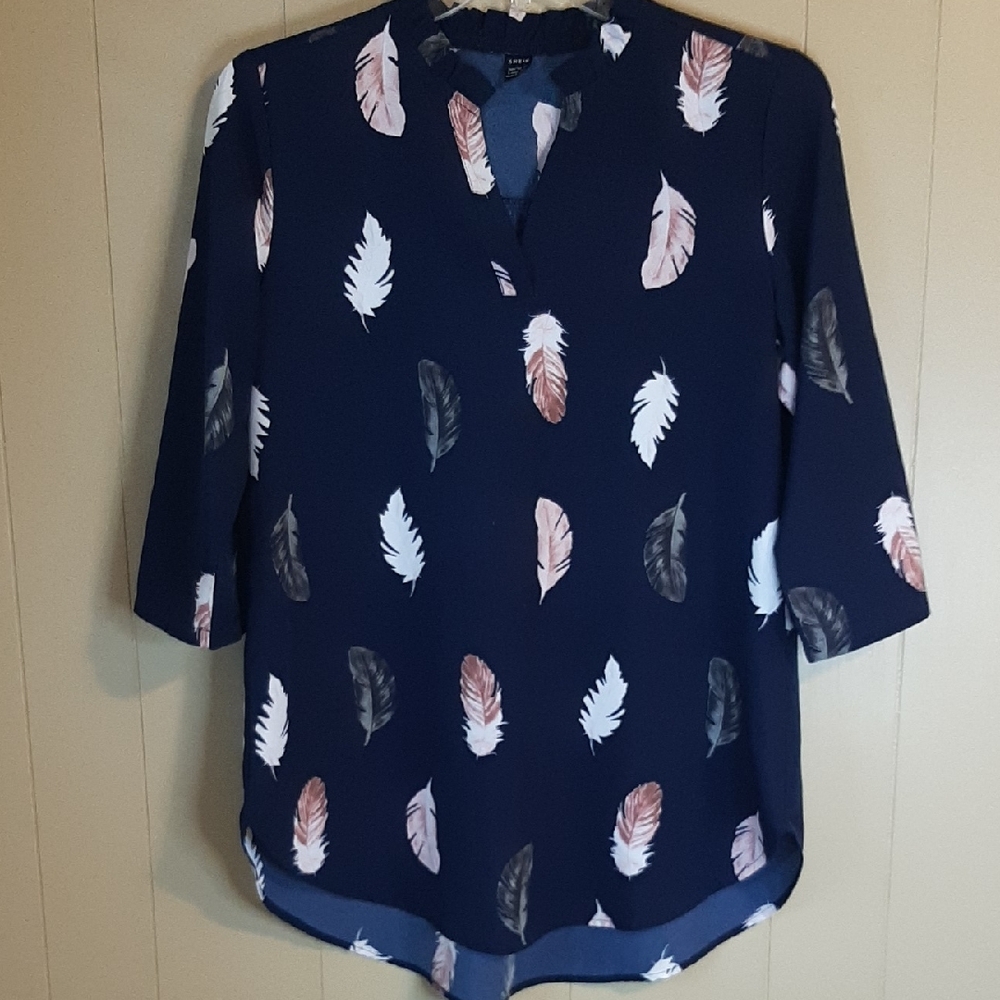 SHEIN Women's L Dark Navy Tunic Blouse With Feather Pattern